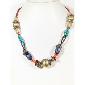 Coldwater Creek Boho Tribal Faux Turquoise Red Gold Tone Chunky Bead Necklace 20